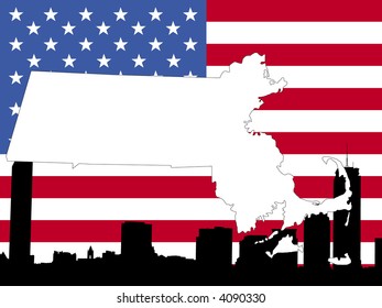 mapa de Massachusetts en la bandera estadounidense con el perfil de Boston