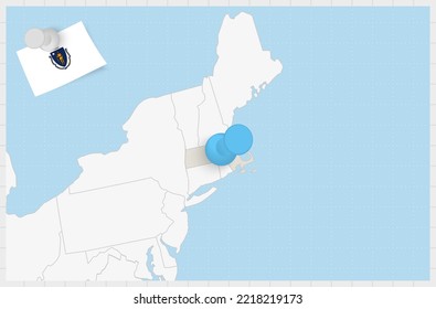 Map of Massachusetts with a pinned blue pin. Pinned flag of Massachusetts, vector illustration.