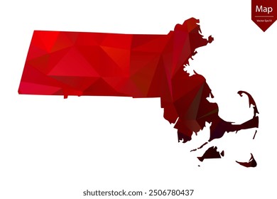 Map of Massachusetts - Red Geometric Rumpled Triangular , Polygonal Design. Vector illustration eps 10.