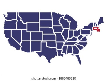 Karte von Massachusetts. Die Karte zeigt die Lage von Massachusetts in den USA. Die Karte ist mit den Farben der US-Flagge gefärbt. Diese Datei eignet sich für die digitale Bearbeitung und Ausdrucke aller Größen.