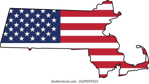 Mapa del diseño del estado de Massachusetts con la bandera de Estados Unidos