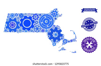 Map of Massachusetts State designed with blue wheel symbols, and isolated scratched watermarks for official repair services.