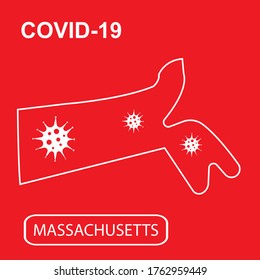 Map of Massachusetts State labeled "COVID-19". White outline map on a red background. Vector illustration of a virus, coronavirus, epidemiology.