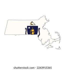 Mapa del estado de Massachusetts con su bandera oficial aislada de fondo blanco. Ilustración del vector