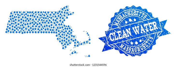Map of Massachusetts State vector mosaic and clean water grunge stamp. Map of Massachusetts State formed with blue liquid drops. Seal with grunge rubber texture for natural drinking water.