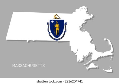 Map Of Massachusetts USA Federal State With Flag Inside. Highly Detailed Map Of Massachusetts American State With Territory Borders And Coat Of Arms Realistic Vector Illustration