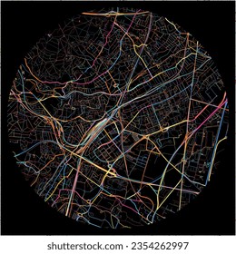 Map of Massy, Essonne with all major and minor roads, railways and waterways. Colorful line art on black background.