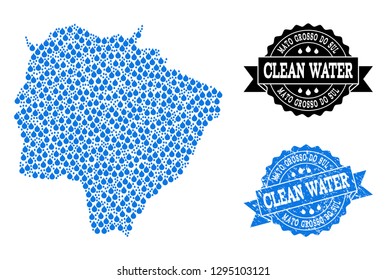 Map of Mato Grosso do Sul State vector mosaic and clean water grunge stamp. Map of Mato Grosso do Sul State designed with blue liquid drops. Seal with grunge rubber texture for clean drinking water.