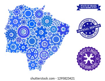 Map of Mato Grosso do Sul State formed with blue engine symbols, and isolated scratched seals for official repair services.