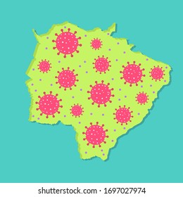 Map of Mato Grosso do Sul with virus. Coronavirus epidemic in brazilian state. Conceptual.