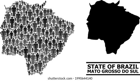 Mapa del estado de Mato Grosso do Sul para proclamaciones políticas. Mosaico de población de vectores. Mapa conceptual del estado de Mato Grosso do Sul hecho de objetos masculinos. Concepto demográfico en tonos grises oscuros.