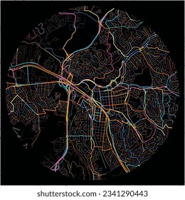 Karte von Maua mit allen wichtigen und kleineren Straßen, Eisenbahnen und Wasserstraßen. Farbige Linienkunst auf schwarzem Hintergrund.