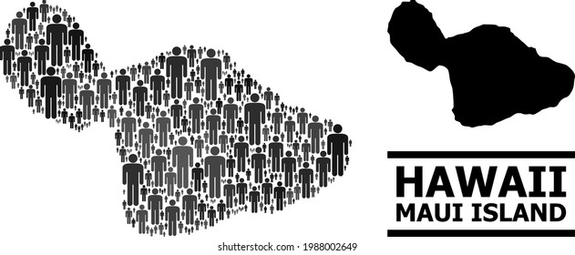 Map of Maui Island for demographics purposes. Vector demographics collage. Composition map of Maui Island created of person icons. Demographic scheme in dark gray color tints.