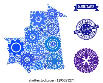 Map of Mauritania created with blue gear symbols, and isolated grunge watermarks for official repair services. Vector abstract collage of map of Mauritania with repair symbols in blue hues.