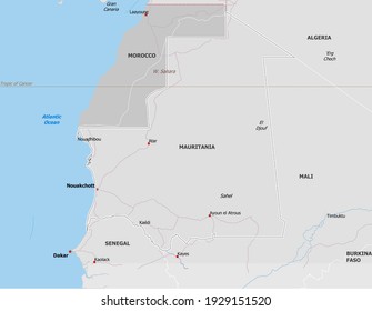Map of Mauritania. Map is drawn in high detail and for clarity shows only major cities. Country is drawn with neighboring countries.