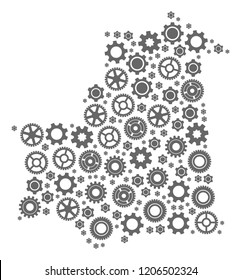 Map of Mauritania formed with gray cog symbols. Vector abstract collage of map of Mauritania with industry symbols. Engineering flat design for industry purposes.