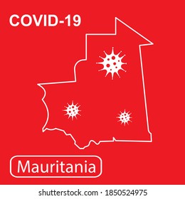 Map of Mauritania labeled "COVID-19". White outline map on a red background. Vector illustration of a virus, coronavirus, epidemiology.