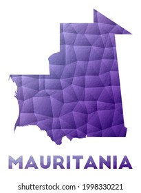 Mapa de Mauritania. Baja ilustración policial del país. Diseño geométrico púrpura. Ilustración vectorial poligonal.