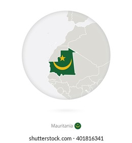 Map of Mauritania and national flag in a circle. Mauritania map contour with flag. Vector Illustration.