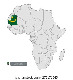 Map of Mauritania with an official flag. Location on the continent of Africa