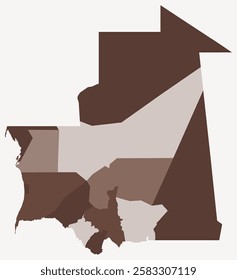 Map of Mauritania with regions. Just a simple country border map with region division. Brown color palette. Blank Islamic Republic of Mauritania shape with administrative division.