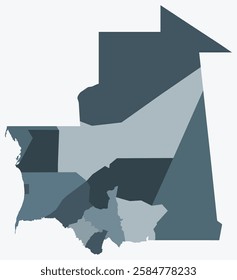 Map of Mauritania with regions. Just a simple country border map with region division. Blue grey color palette. Blank Islamic Republic of Mauritania shape with administrative division.