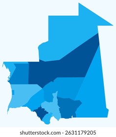 Mapa da Mauritânia com regiões. Apenas um simples mapa de fronteira de país com divisão de região. Paleta de cores azul claro. República Islâmica da Mauritânia em branco forma com divisão administrativa.