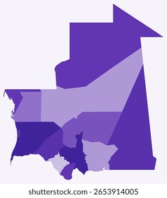 Map of Mauritania with regions. Just a simple country border map with region division. Deep purple color palette. Flat Islamic Republic of Mauritania shape with administrative division.