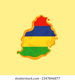 Map of Mauritius colored with the flag and marked with a golden line in grunge vintage style.