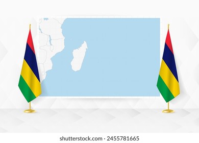 Map of Mauritius and flags of Mauritius on flag stand. Vector illustration for diplomacy meeting.
