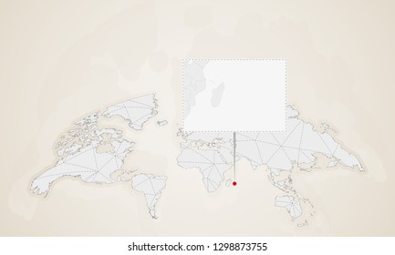 Map of Mauritius with neighbor countries pinned on world map. Abstract triangles World Map.
