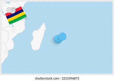 Map of Mauritius with a pinned blue pin. Pinned flag of Mauritius, vector illustration.