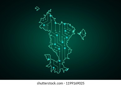 Map of Mayotte, network line, design sphere, dot and structure on dark background with Map Mayotte, Circuit board. Vector illustration. Eps 10