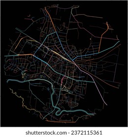 Map of Mazeikiai, Telšiai County with all major and minor roads, railways and waterways. Colorful line art on black background.