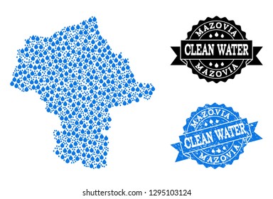 Map of Mazovia Province vector mosaic and clean water grunge stamp. Map of Mazovia Province created with blue aqua raindrops. Seal with grunge rubber texture for pure drinking water.