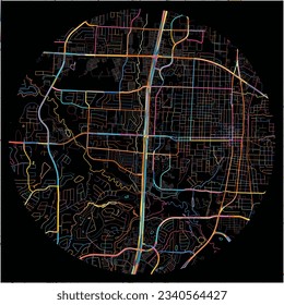 Map of McKinney, Texas with all major and minor roads, railways and waterways. Colorful line art on black background.
