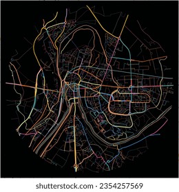 Map of Meaux, Seine-et-Marne with all major and minor roads, railways and waterways. Colorful line art on black background.