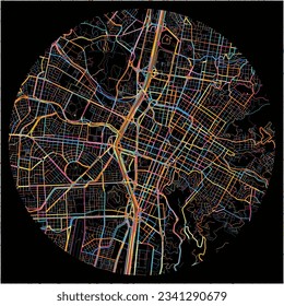 Karte von Medellin mit allen wichtigen und kleineren Straßen, Eisenbahnen und Wasserstraßen. Farbige Linienkunst auf schwarzem Hintergrund.