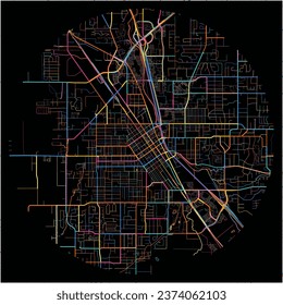 Mapa de Medford, Oregón con todas las carreteras principales y menores, ferrocarriles y vías fluviales. Coloridas líneas de arte sobre fondo negro.