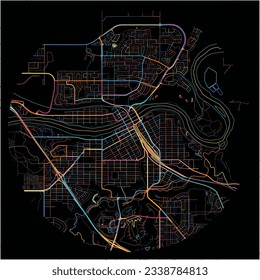 Map of MedicineHat, Alberta with all major and minor roads, railways and waterways. Colorful line art on black background.