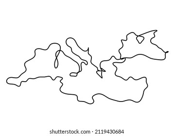 Karte des Mittelmeers als Linie auf weißem Hintergrund. Vektorgrafik