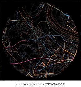 Map of Meerbusch, North Rhine-Westphalia with all major and minor roads, railways and waterways. Colorful line art on black background.