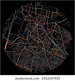 Map of Meerut, Uttar Pradesh with all major and minor roads, railways and waterways. Colorful line art on black background.