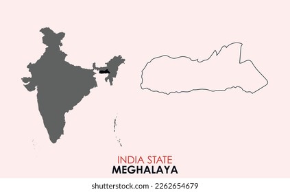 Map of Meghalaya, Map of Meghalaya with Indian Map, Meghalaya state of  India Vector Illustration, Outline Map of Meghalaya, India.