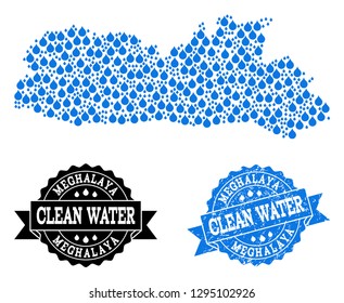 Map of Meghalaya State vector mosaic and clean water grunge stamp. Map of Meghalaya State composed with blue water tears. Seal with grunge rubber texture for pure drinking water.