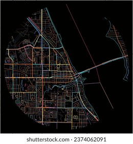 Map of Melbourne, Florida with all major and minor roads, railways and waterways. Colorful line art on black background.