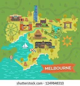 Map of melbourne with Shrine of Remembrance, Captain Cooks Cottage, Eureka tower, Royal zoo gardens, star or ferris wheel, Port Phillip Bay, Dandenong park, Rippon Lea Estate. City tourism, landmark