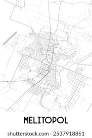 Map of Melitopol, a city in Ukraine. The map depicts a network of streets and roads, outlining the city's urban layout.  A river winds through the city, adding a natural element to the urban landscape