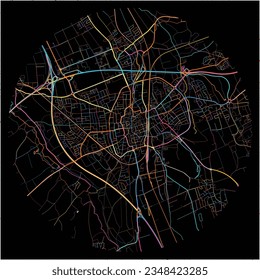 Map of Memmingen, Bavaria with all major and minor roads, railways and waterways. Colorful line art on black background.