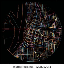 Mapa de Memphis, Tennessee con todas las carreteras principales y menores, vías férreas y vías fluviales. Coloridas líneas de arte sobre fondo negro.